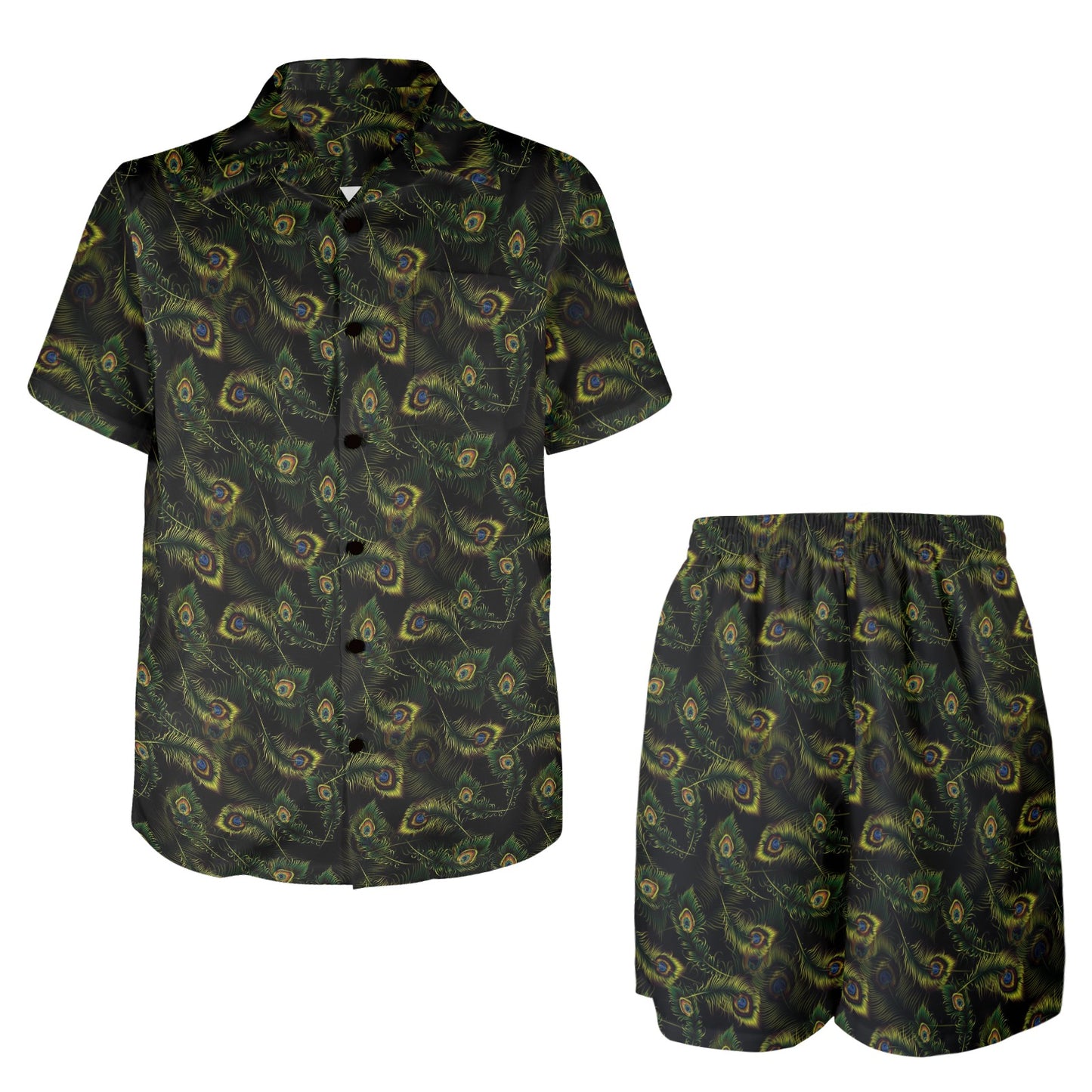 Peacock Feather Pattern Design Print Men's Beach Shirt and Shorts Set