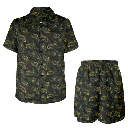 Peacock Feather Pattern Design Print Men's Beach Shirt and Shorts Set