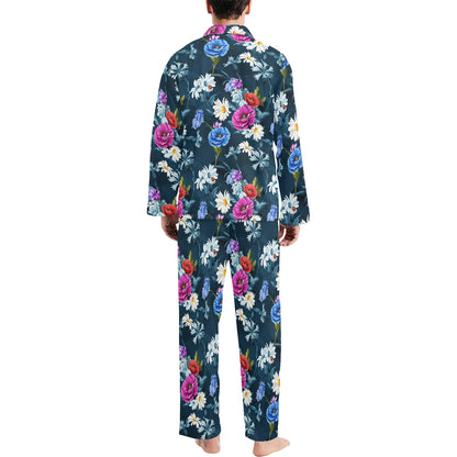 Floral Blue Themed Print Men's Long Pajama Set