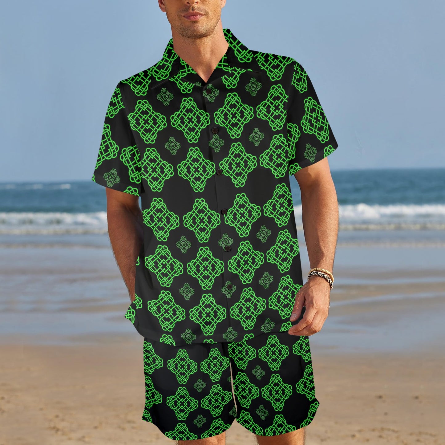 Celtic Knot Green Neon Design Men's Beach Shirt and Shorts Set