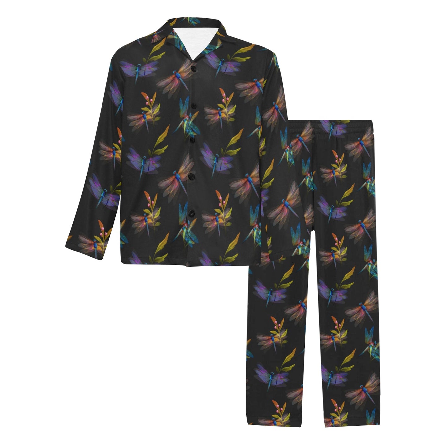 Dragonfly Colorful Realistic Print Men's Long Pajama Set