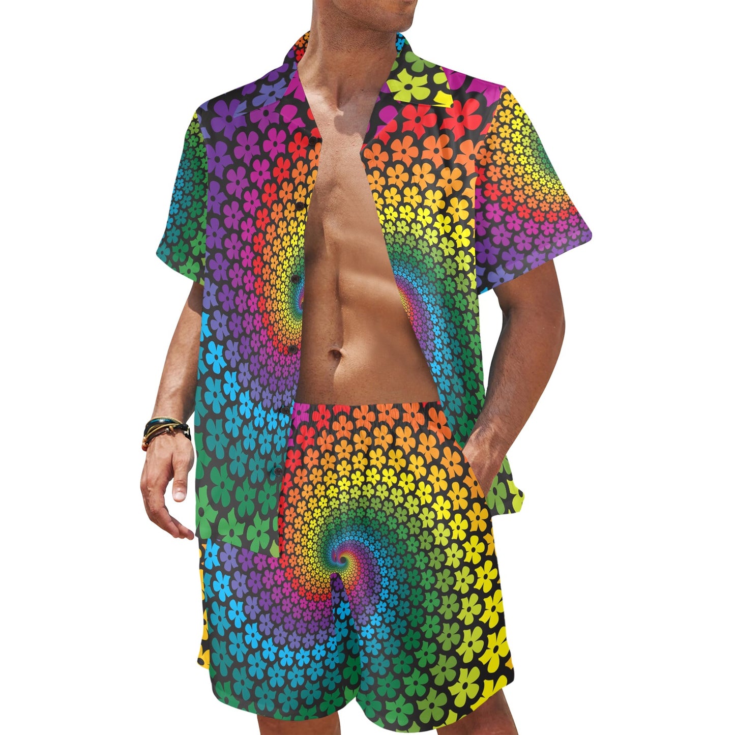 Flower Power Rainbow Spiral Print Men's Beach Shirt and Shorts Set