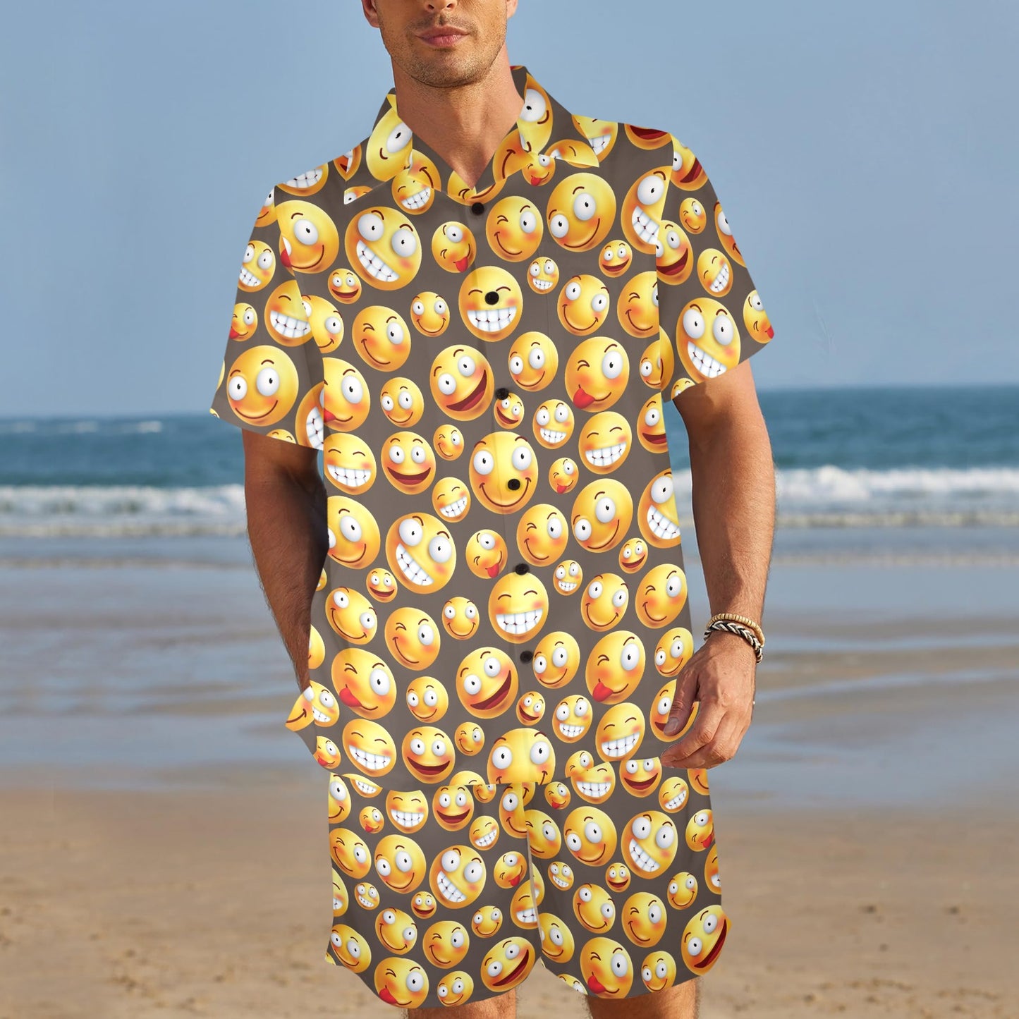 Smiley Face Emoji Print Design LKS303 Men's Beach Shirt and Shorts Set