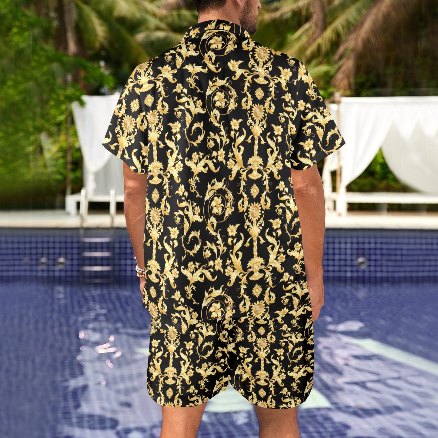 Baroque Golden Pattern Print Design 04 Men's Beach Shirt and Shorts Set
