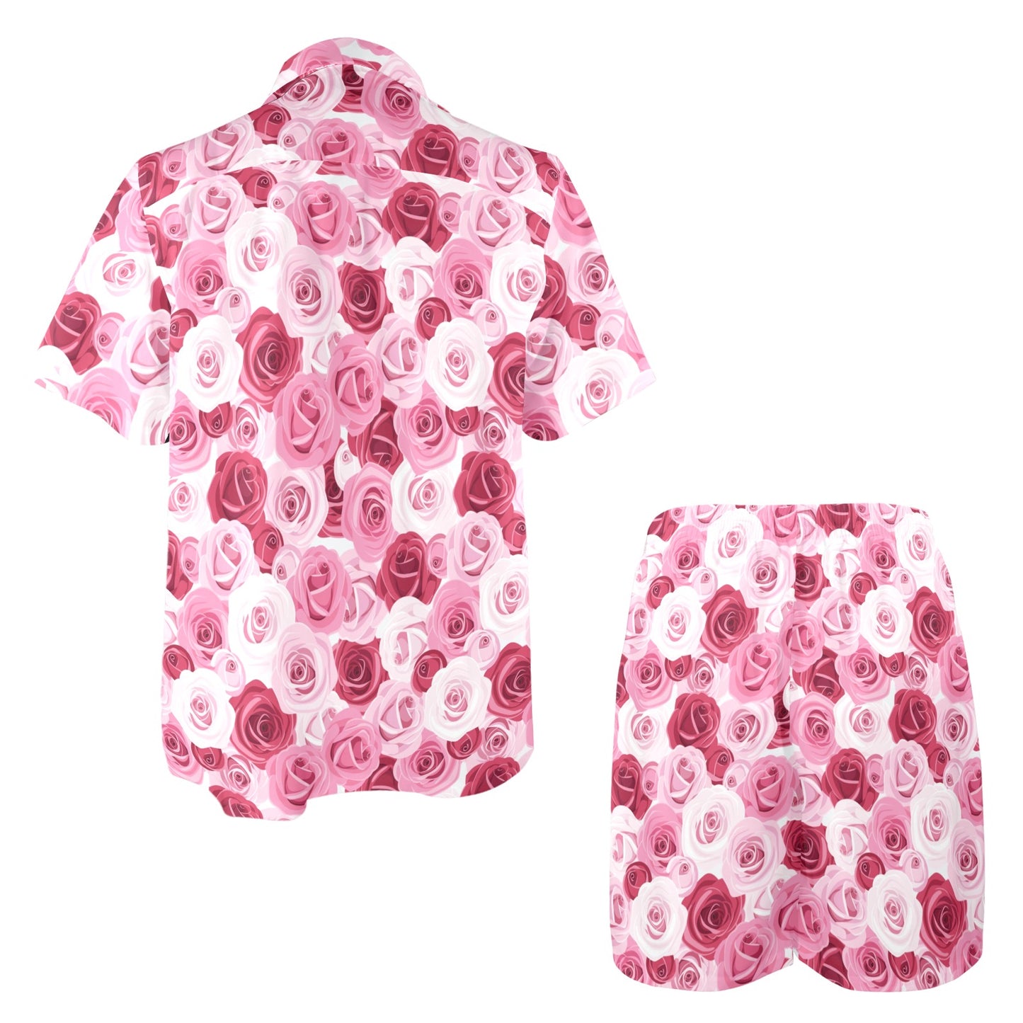 Pink Red Rose Pattern Print Men's Beach Shirt and Shorts Set
