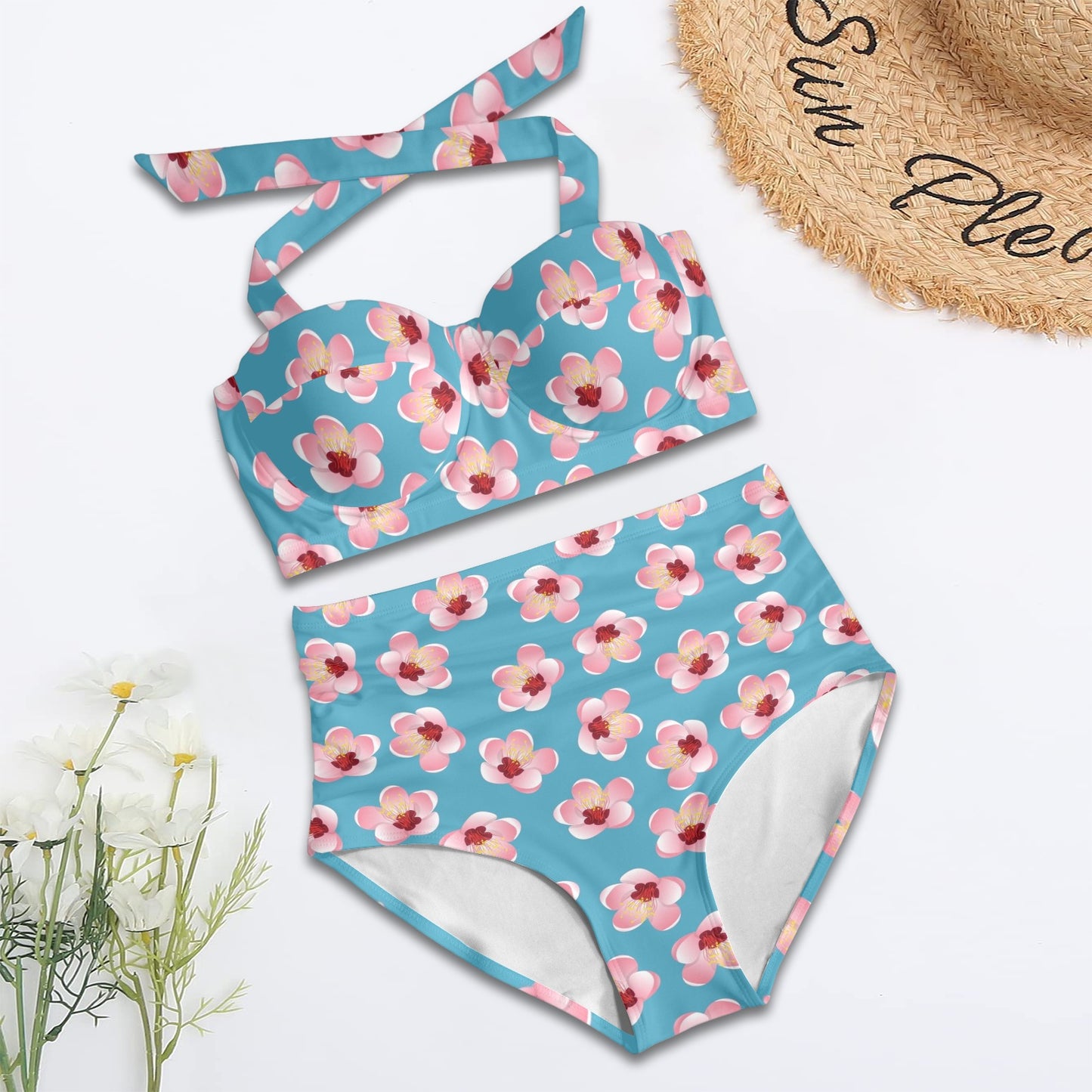 Cherry Blossom Pattern Print Design CB09 Halter Neck Bikini Swimsuit