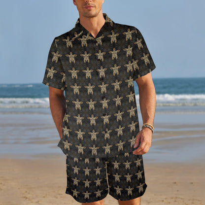 Gold Tribal Turtle Polynesian Design Men's Beach Shirt and Shorts Set