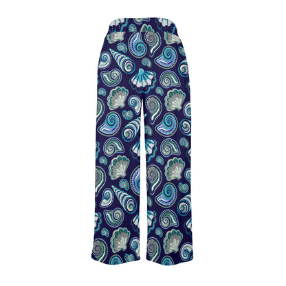 Beach Seashell Blue Print Women's Wide Leg Lounge Pants