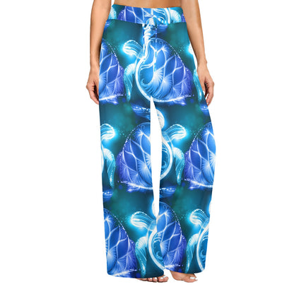 Blue Neon Sea Turtle Print Women's Wide Leg Lounge Pants