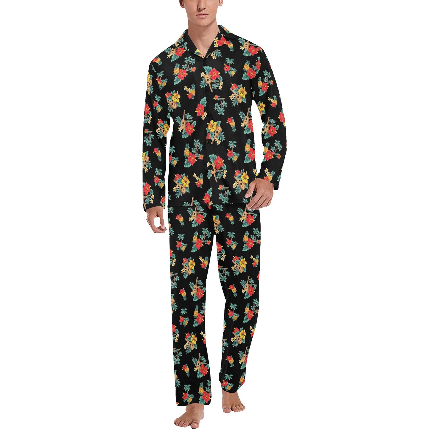 Hawaiian Flower Themed Print Men's Long Pajama Set