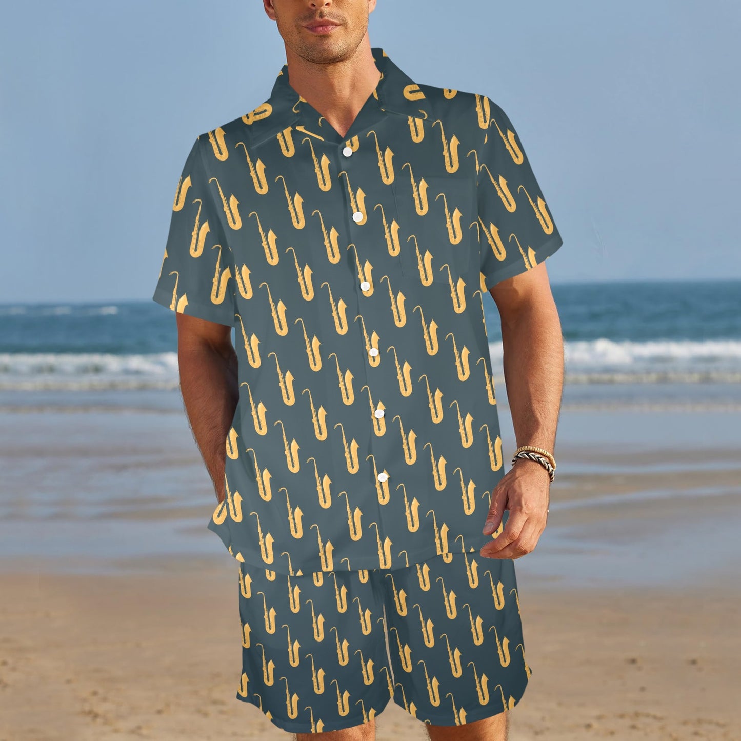 Saxophone Print Design LKS401 Men's Beach Shirt and Shorts Set