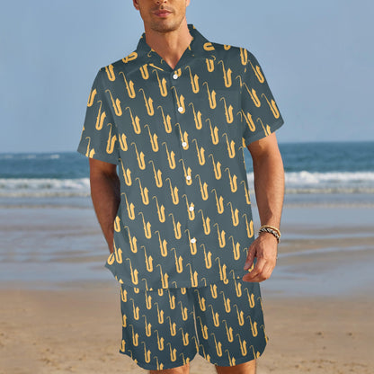 Saxophone Print Design LKS401 Men's Beach Shirt and Shorts Set