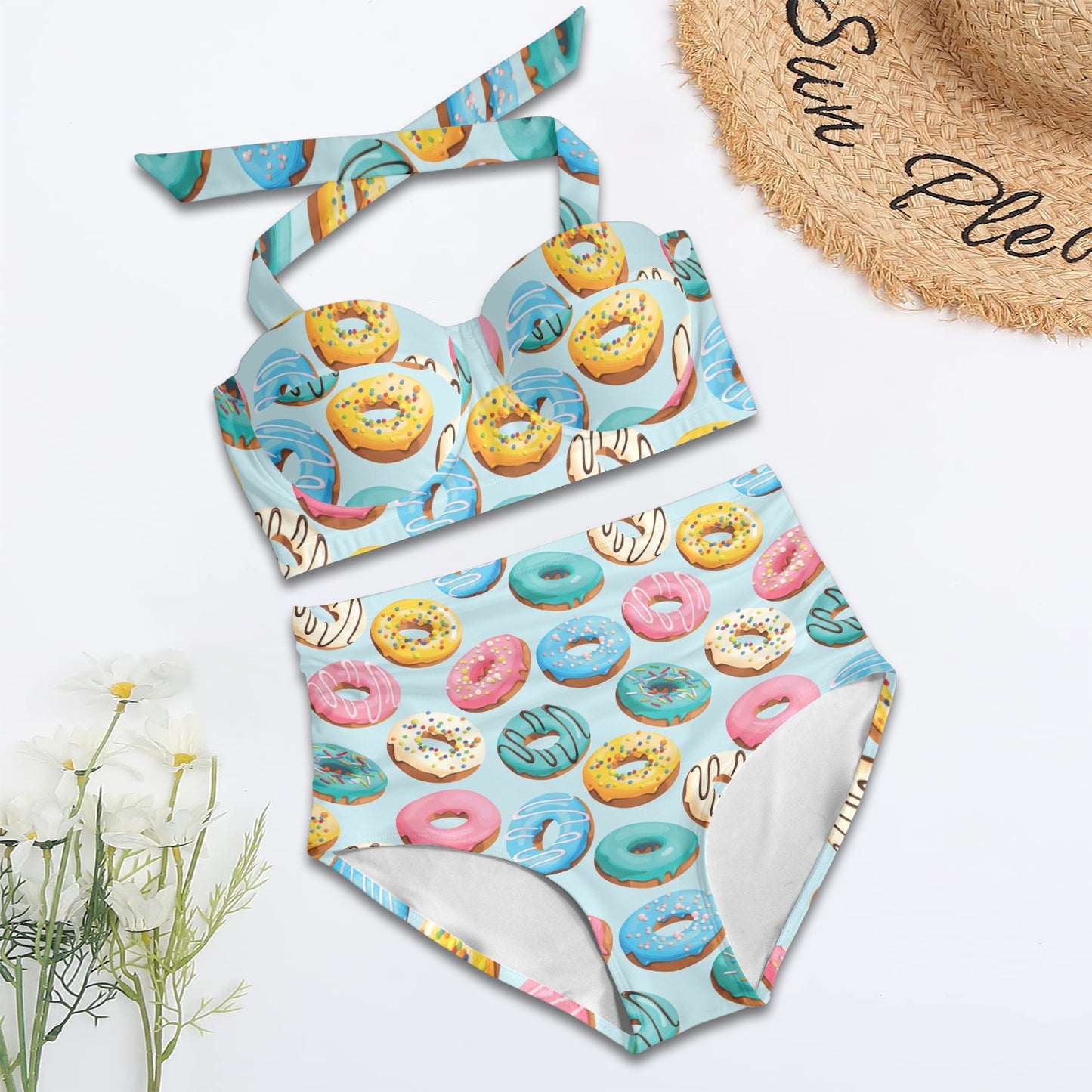 donut Design Print Pattern JJ0133 Halter Neck Bikini Swimsuit