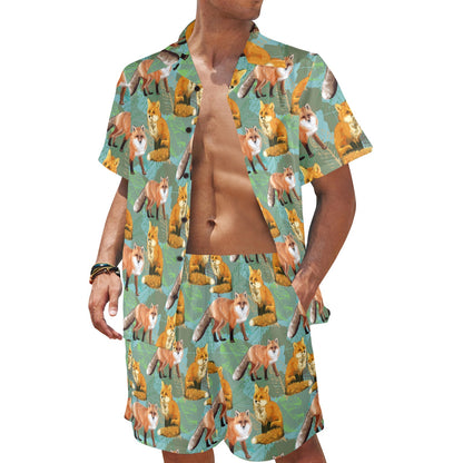 Fox Autumn leaves Themed Men's Beach Shirt and Shorts Set