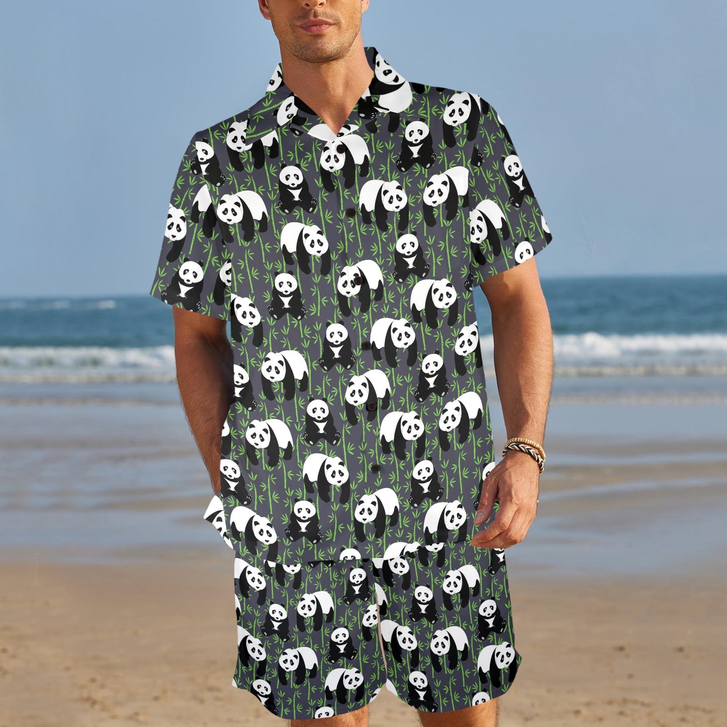 Panda Bear Bamboo Themed Print Men's Beach Shirt and Shorts Set