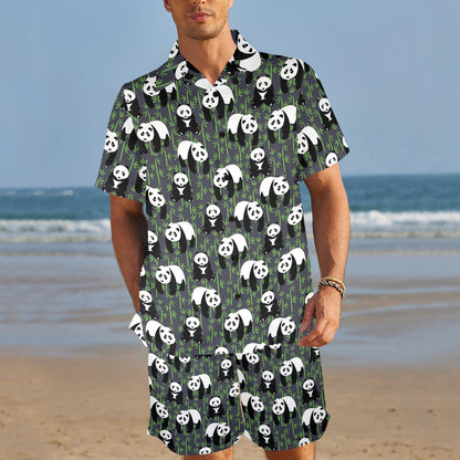 Panda Bear Bamboo Themed Print Men's Beach Shirt and Shorts Set
