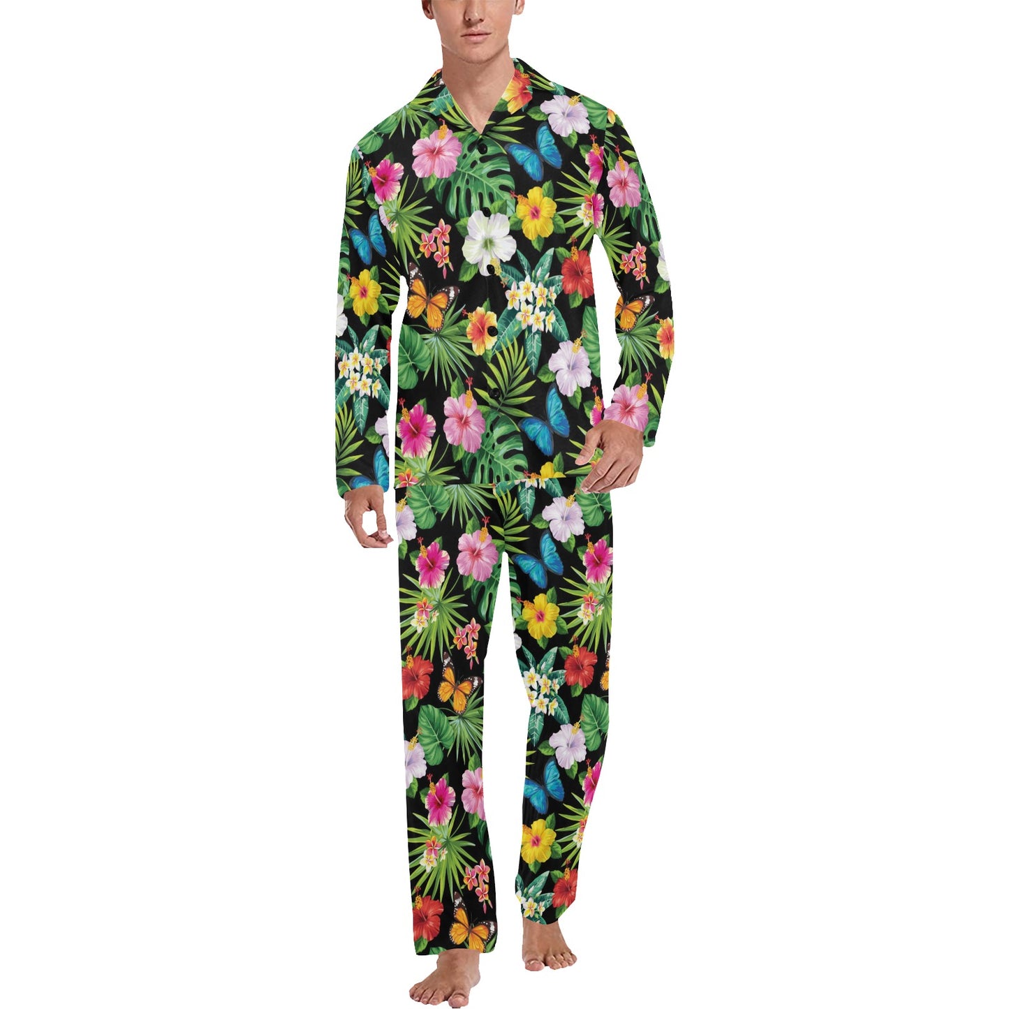 Hibiscus With Butterfly Print Design LKS305 Men's Long Pajama Set