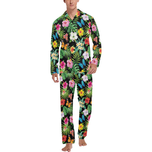 Hibiscus With Butterfly Print Design LKS305 Men's Long Pajama Set
