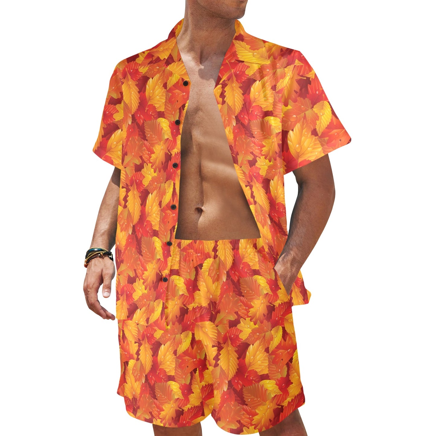 Elm Leave Autum Print Pattern Men's Beach Shirt and Shorts Set