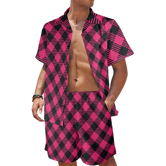 Buffalo check Pink Pattern Print Design 01 Men's Beach Shirt and Shorts Set