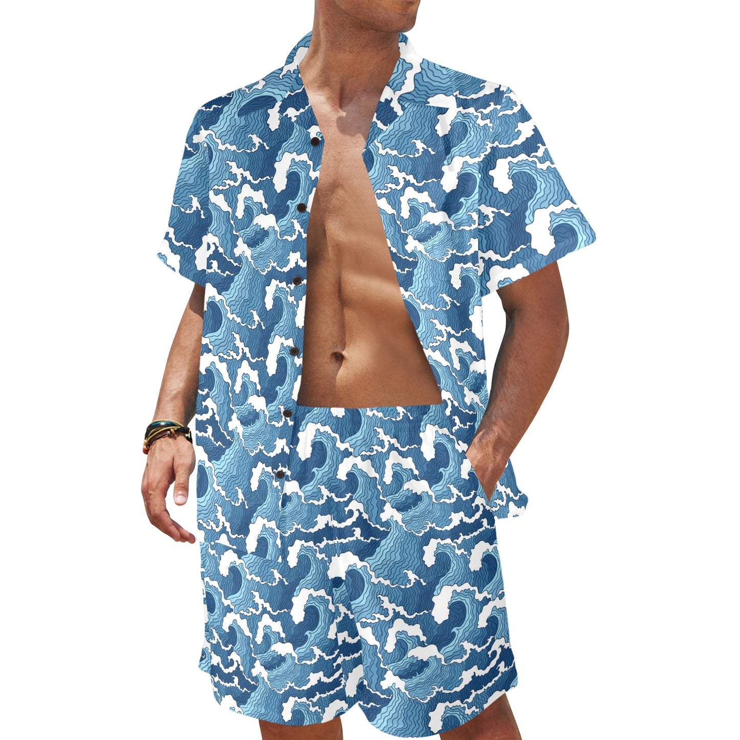 Wave Themed Pattern Print Men's Beach Shirt and Shorts Set