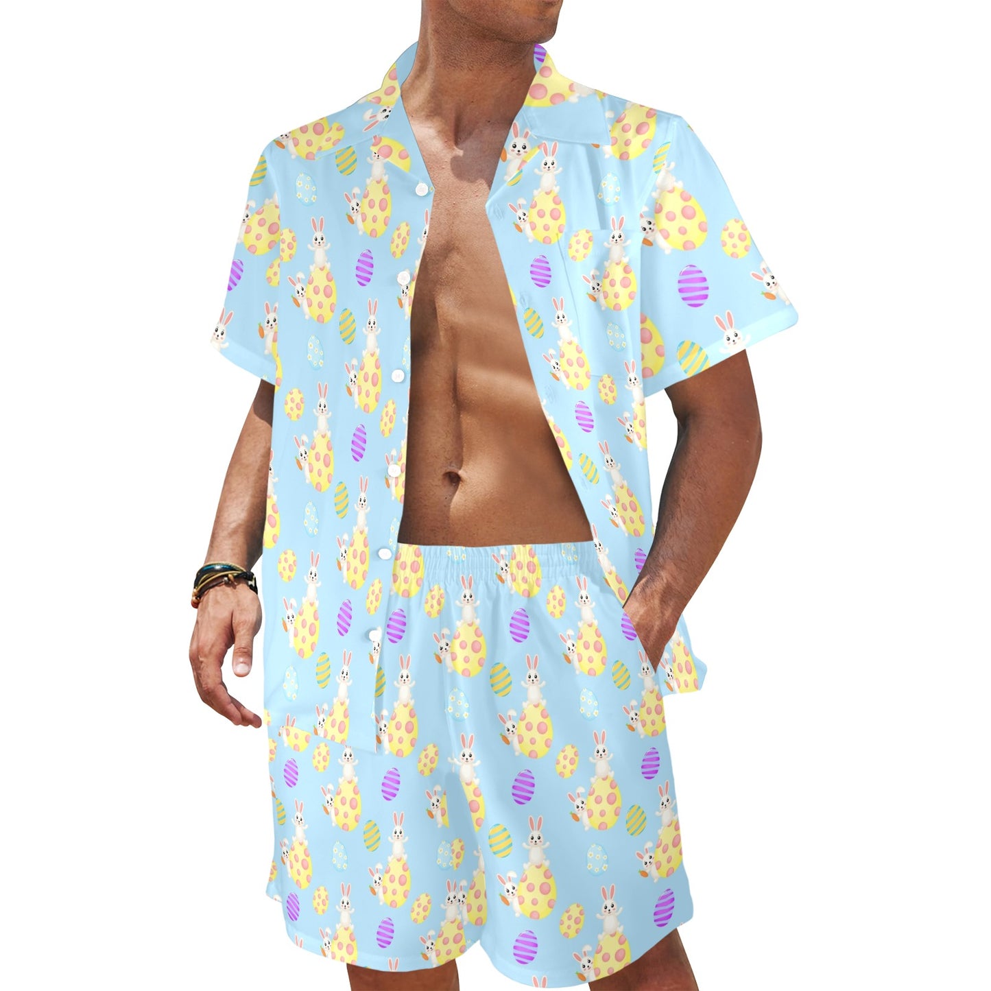 Easter Eggs Pattern Print Design RB015 Men's Beach Shirt and Shorts Set