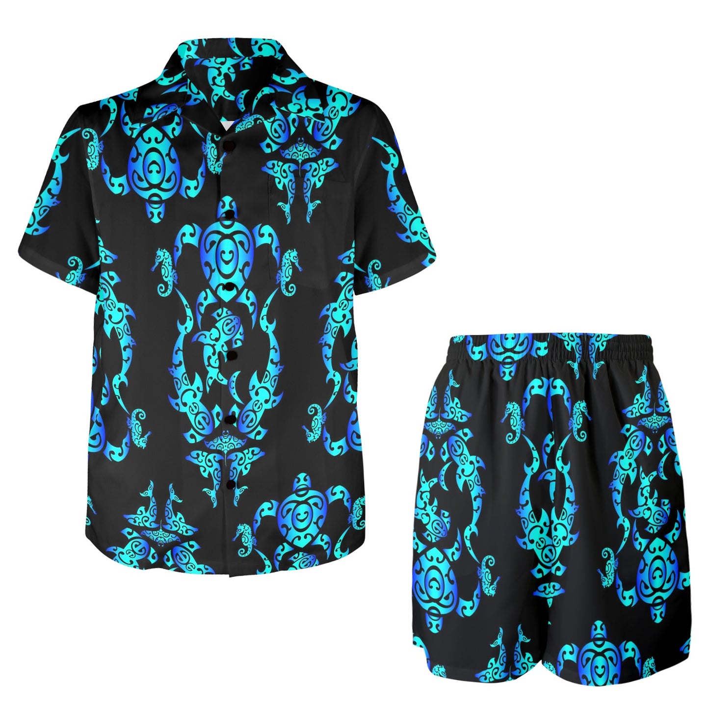 Sea turtle Polynesian Tribal Hawaiian Men's Beach Shirt and Shorts Set
