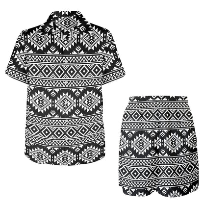 Aztec Black White Print Pattern Men's Beach Shirt and Shorts Set