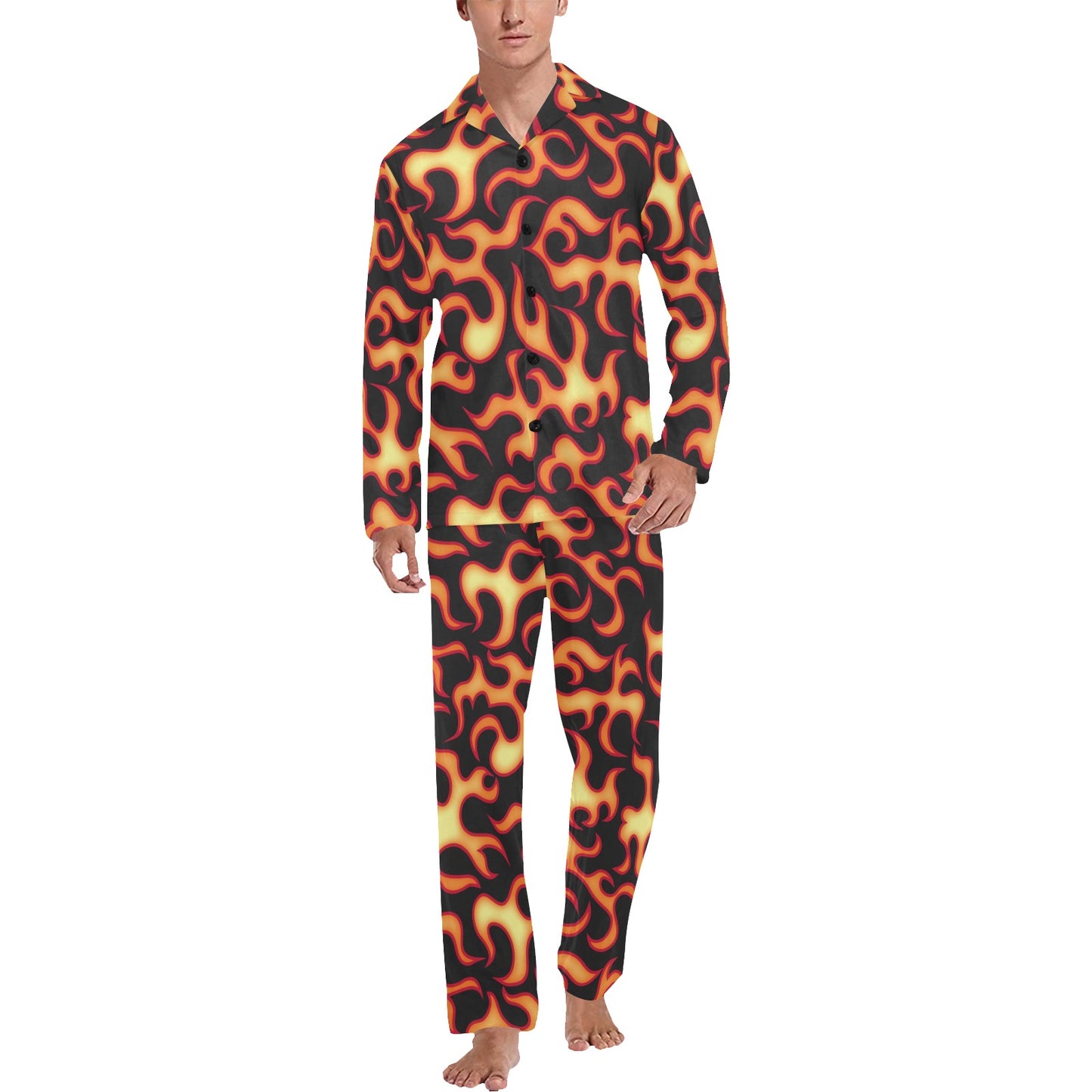 Flame Fire Themed Print Men's Long Pajama Set