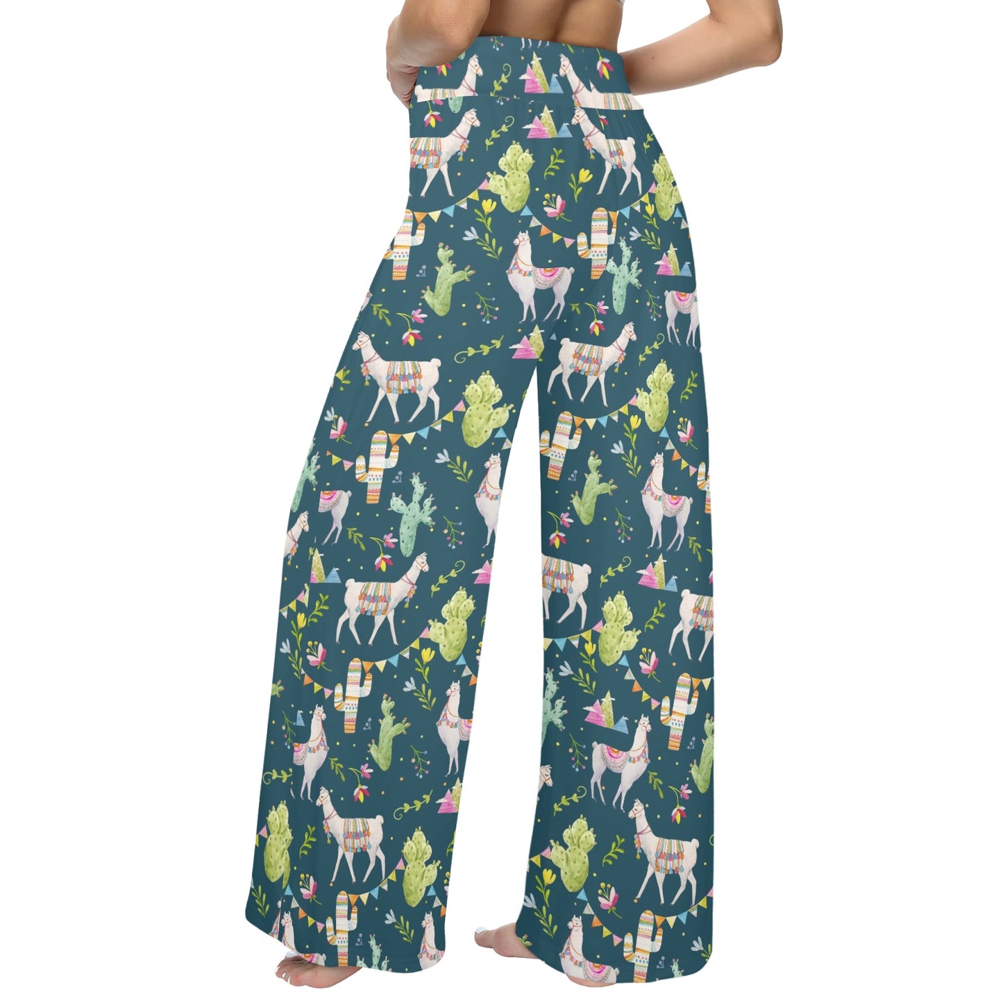 Llama with Cactus Design Print Women's Wide Leg Lounge Pants
