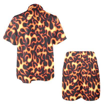 Flame Fire Themed Print Men's Beach Shirt and Shorts Set