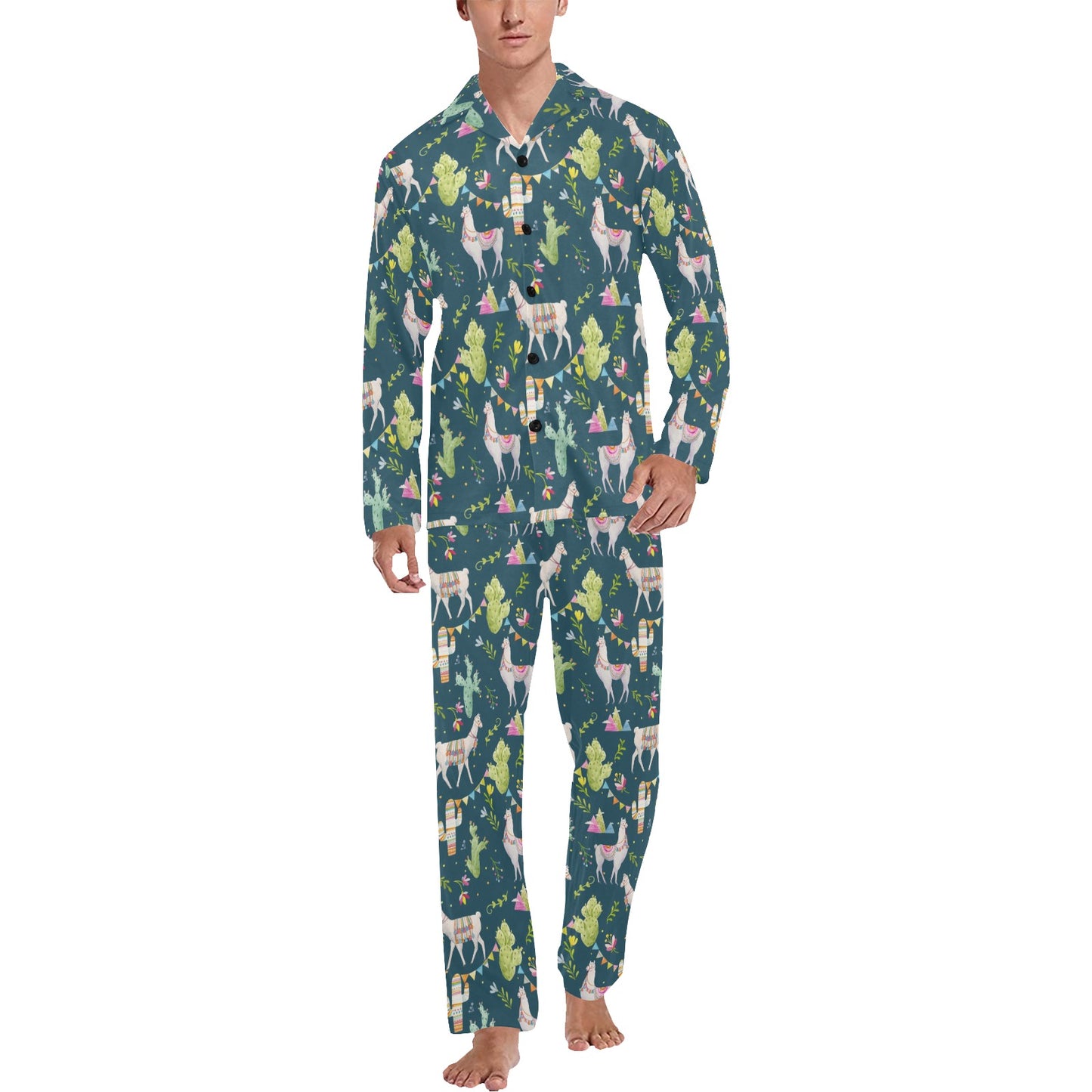 Llama with Cactus Design Print Men's Long Pajama Set