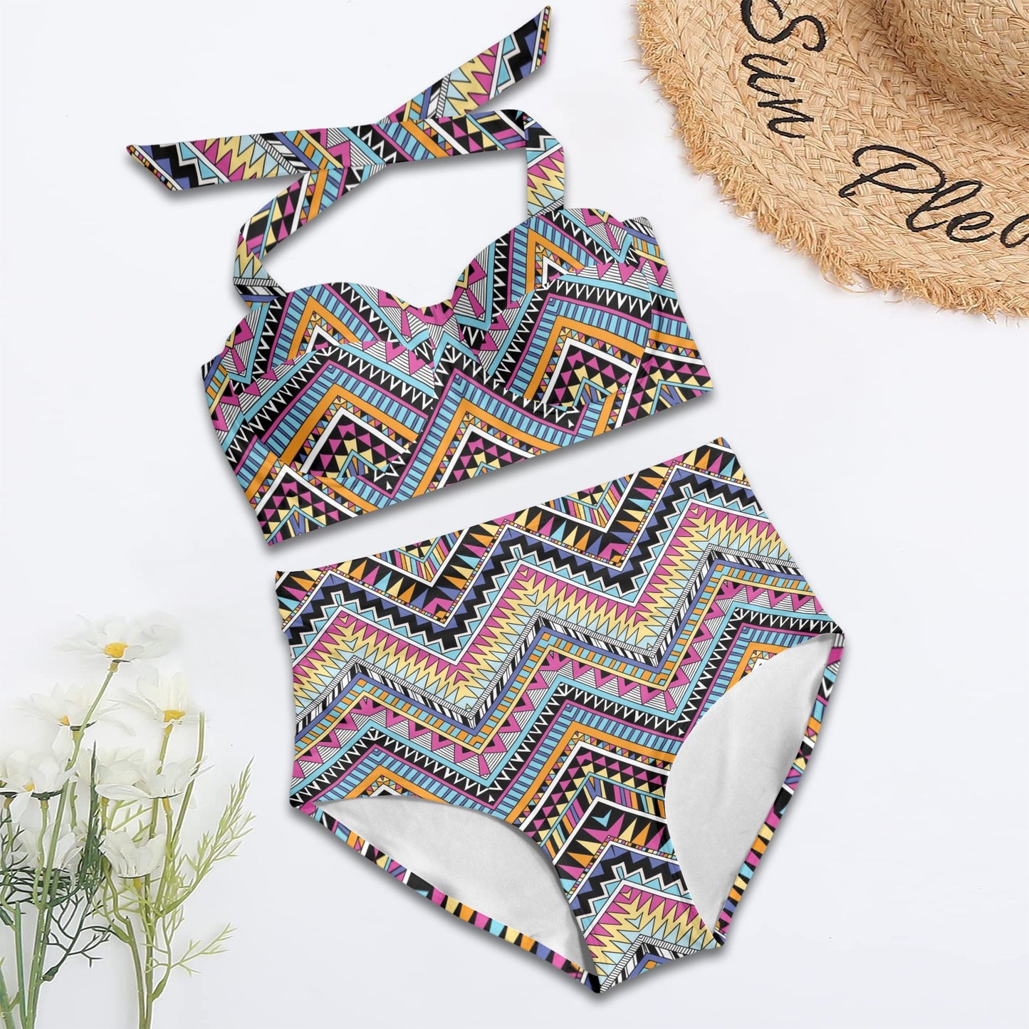 Multicolor zigzag Tribal Aztec Halter Neck Bikini Swimsuit