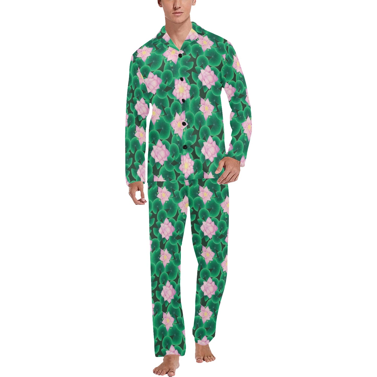 Water Lily Print Design LKS303 Men's Long Pajama Set