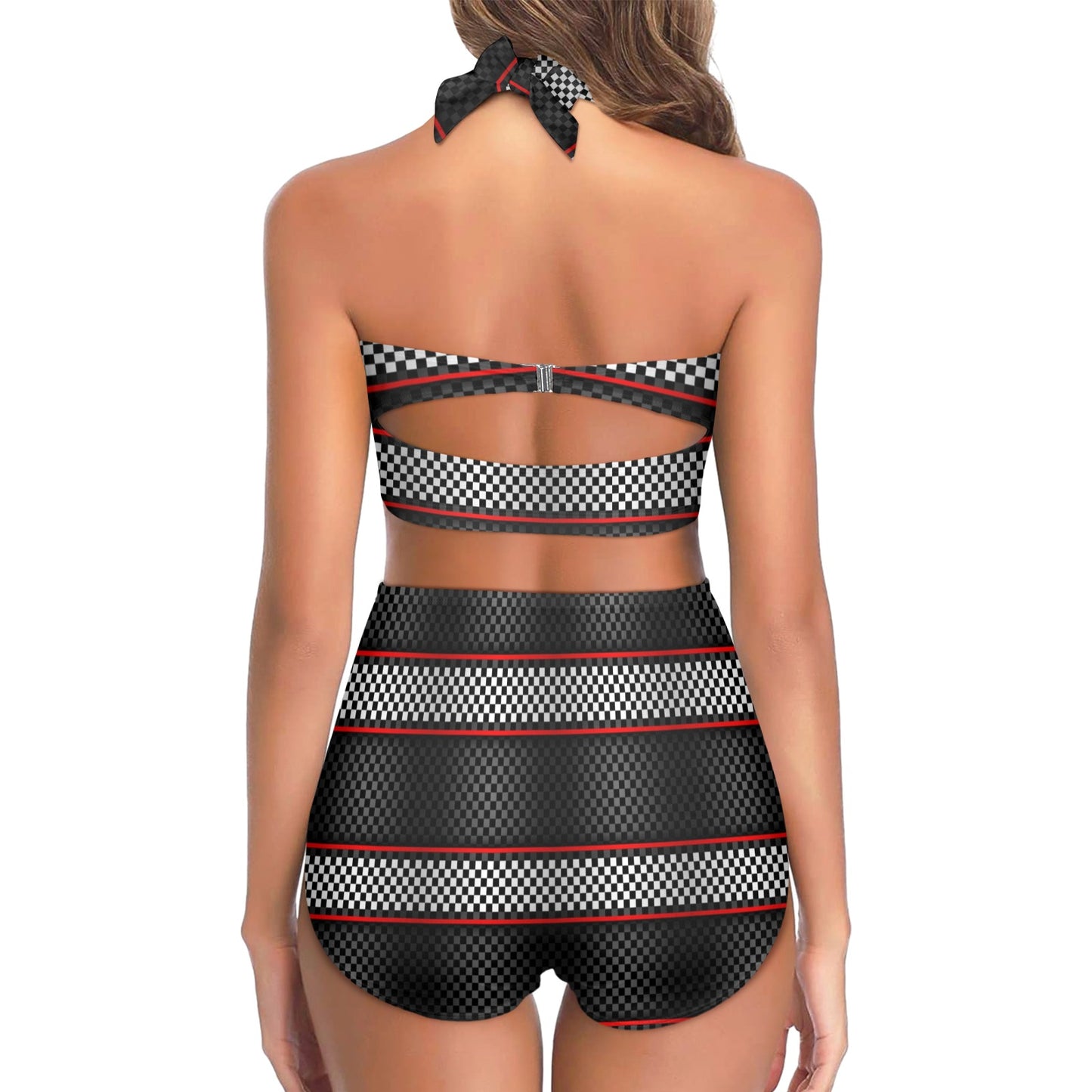 Checkered Flag Red Line Style Halter Neck Bikini Swimsuit
