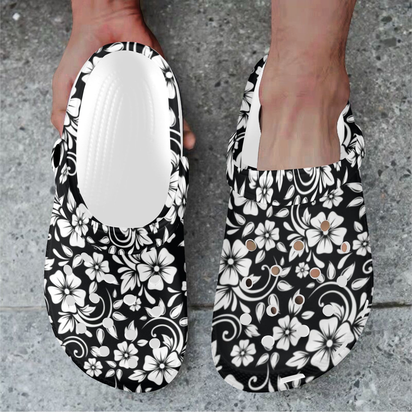 Floral Black White Themed Print Unisex Clogs Shoes
