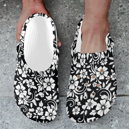 Floral Black White Themed Print Unisex Clogs Shoes