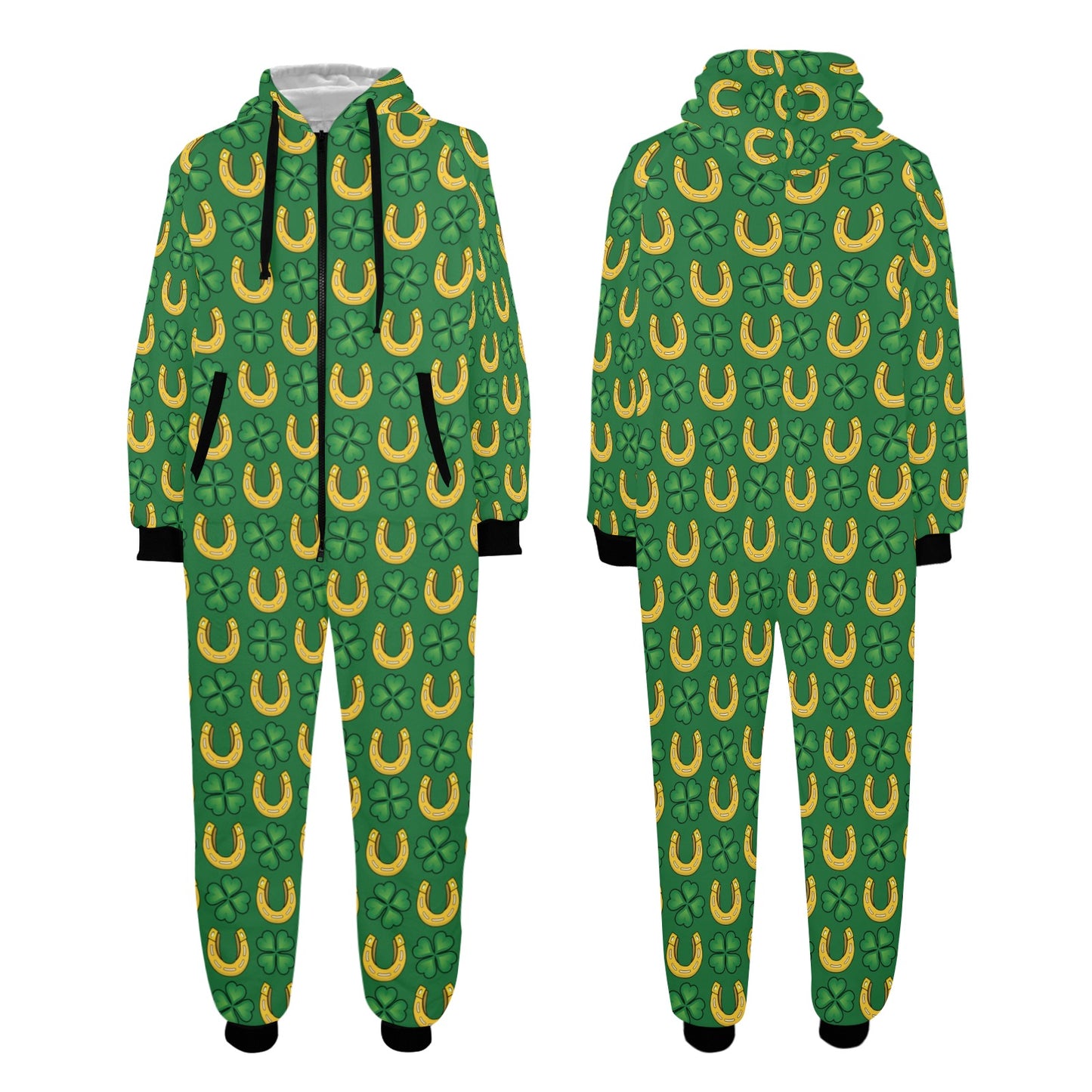 Shamrock Horseshoes Print Pattern Hooded Fleece Onesie Pajama Jumpsuit