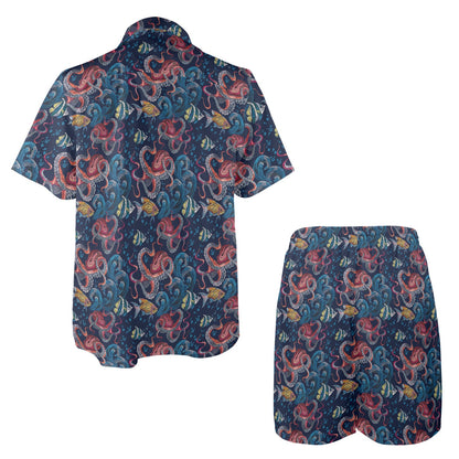 Octopus Deep Sea Print Themed Men's Beach Shirt and Shorts Set