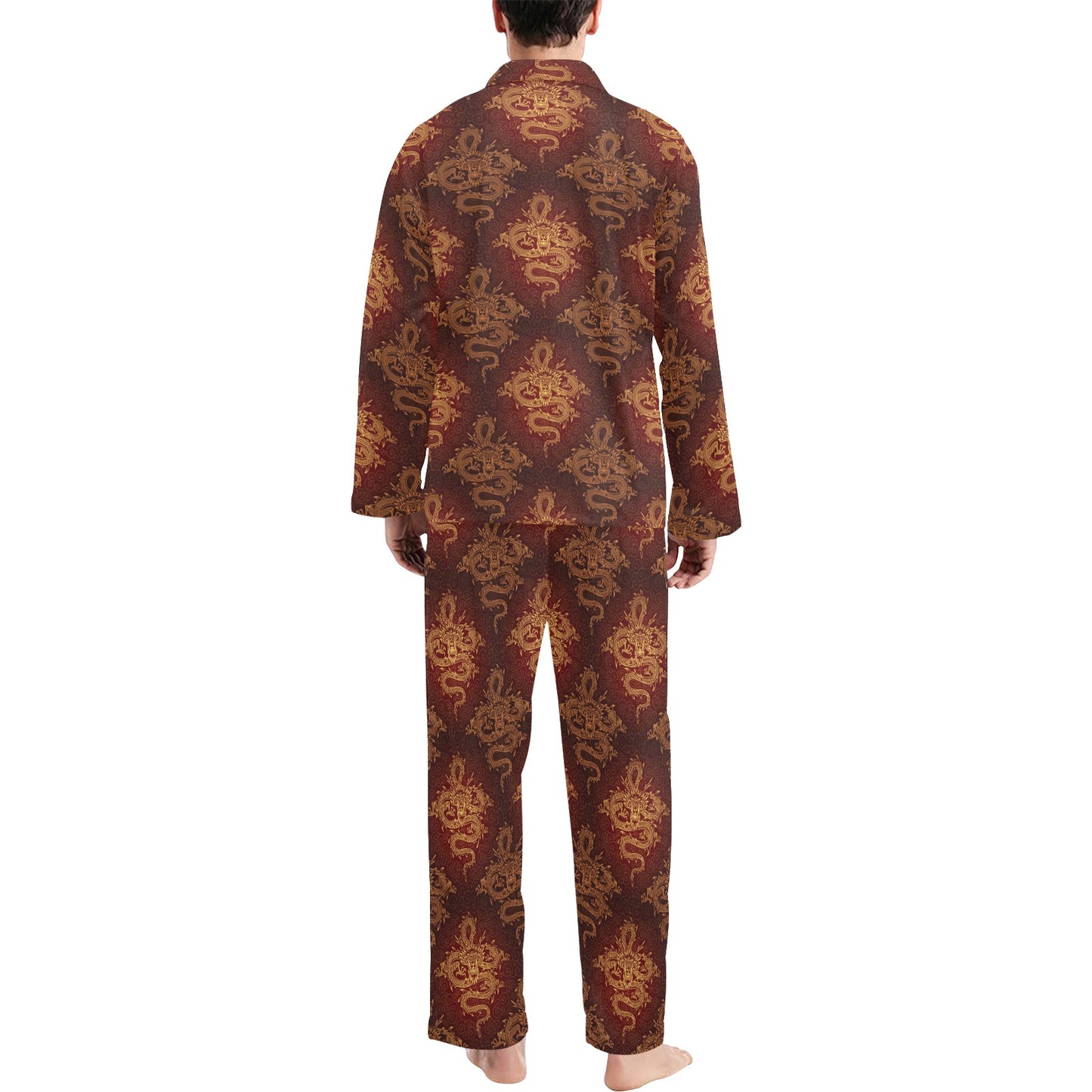 Chinese Dragons Gold Design Men's Long Pajama Set