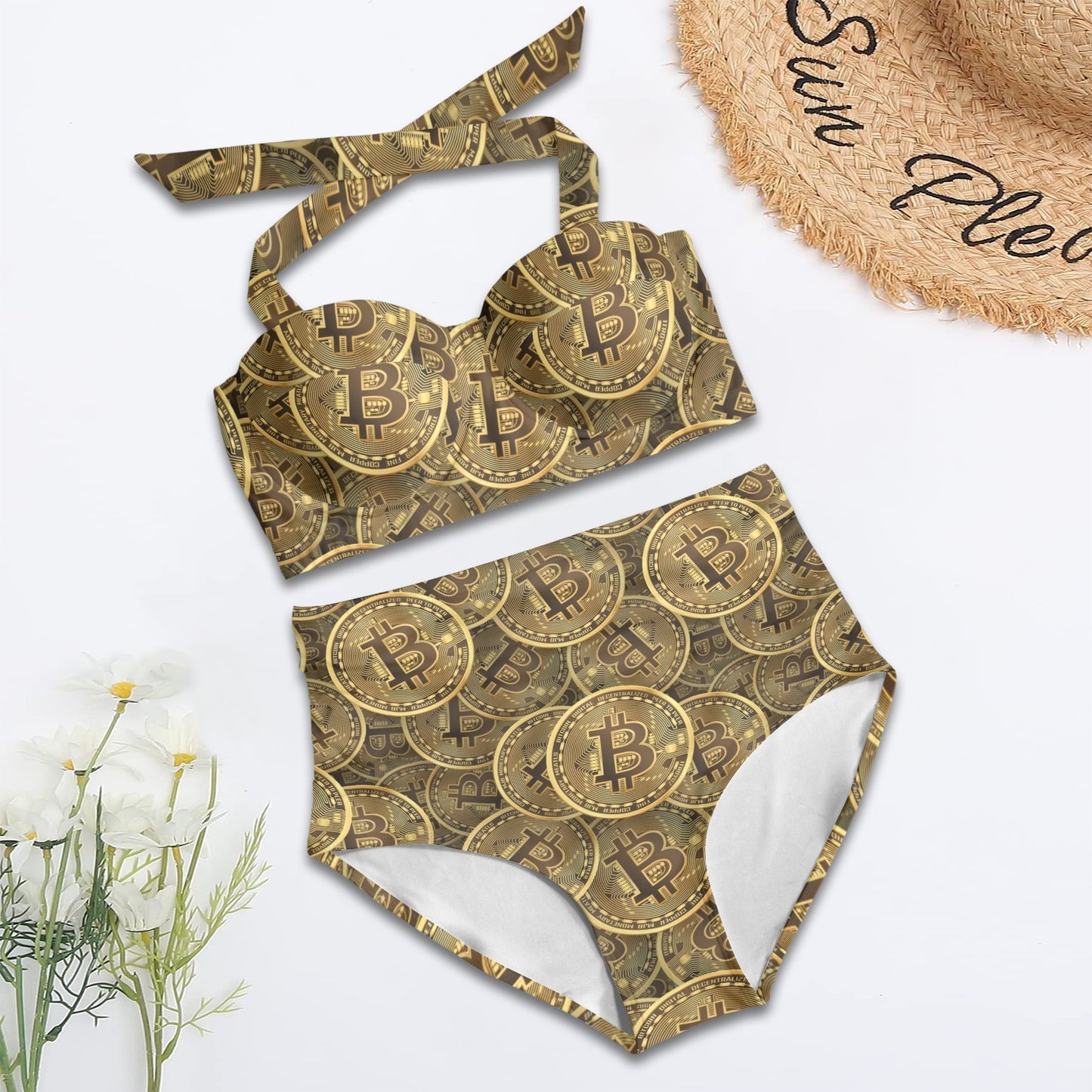 Bitcoin Pattern Print Design DO01 Halter Neck Bikini Swimsuit