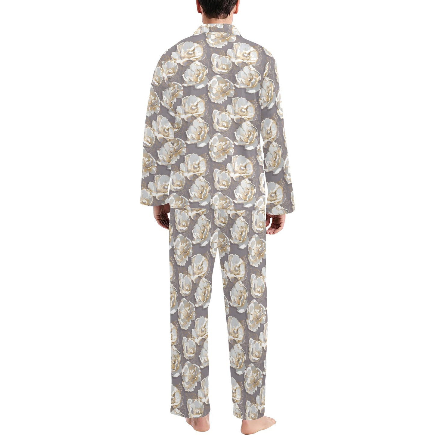 Elegant Grey Flower Print Men's Long Pajama Set
