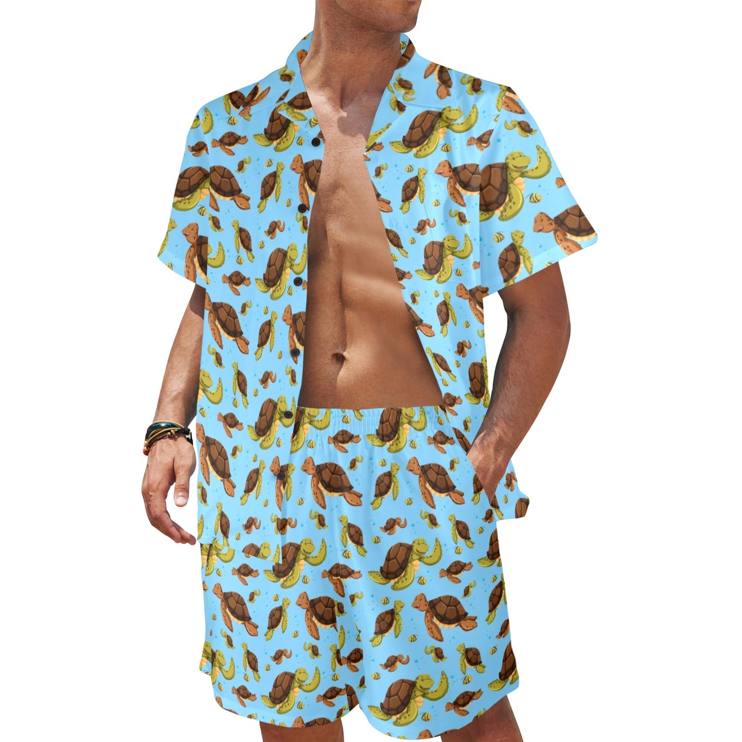Hello Sea Turtle Print Pattern Men's Beach Shirt and Shorts Set