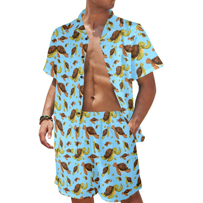 Hello Sea Turtle Print Pattern Men's Beach Shirt and Shorts Set