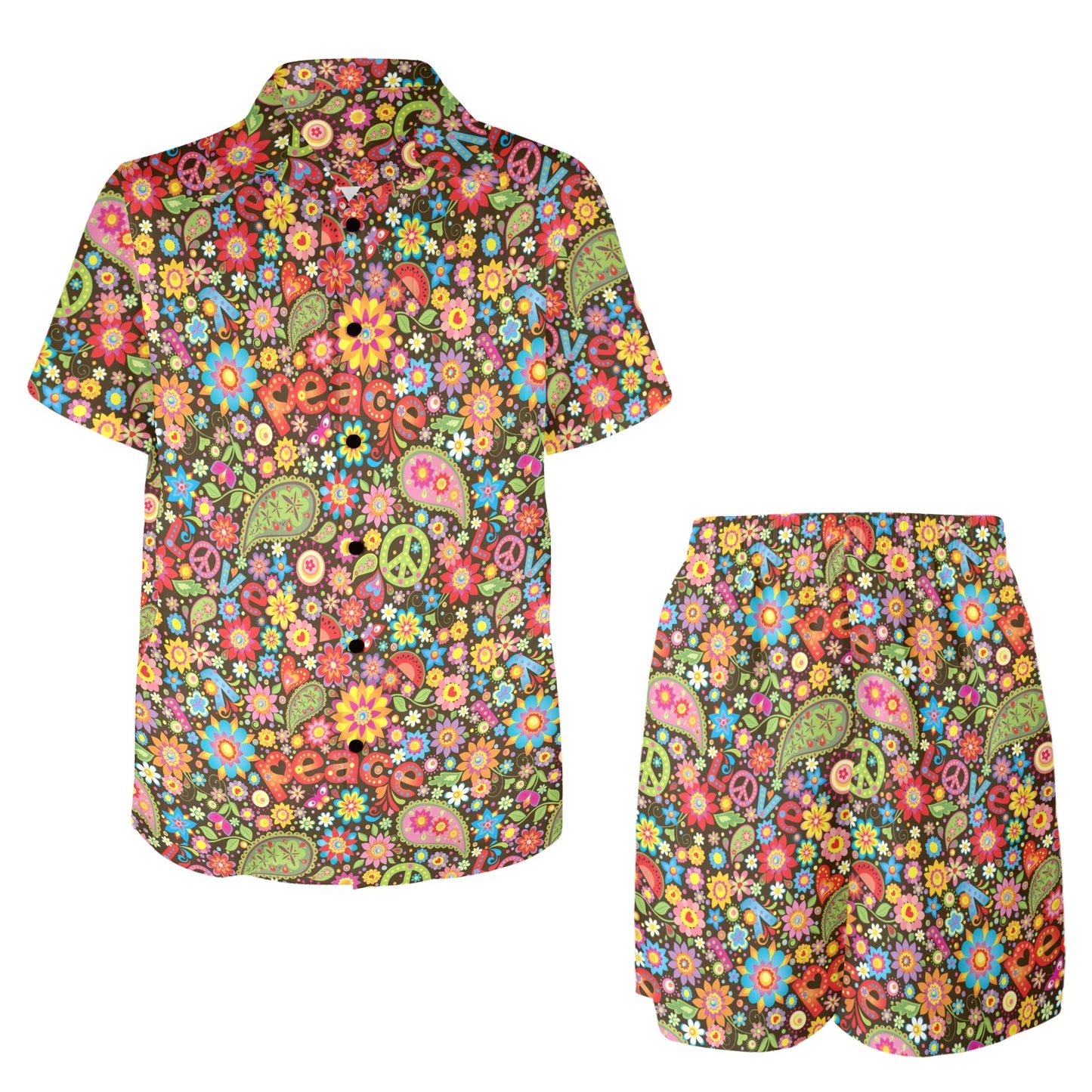 Flower Power Peace Paisley Themed Print Men's Beach Shirt and Shorts Set
