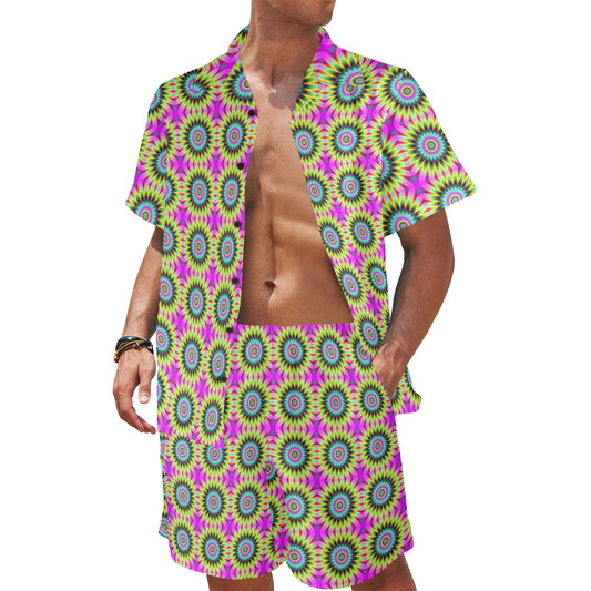 Optical illusion Flower Rainbow Style Men's Beach Shirt and Shorts Set