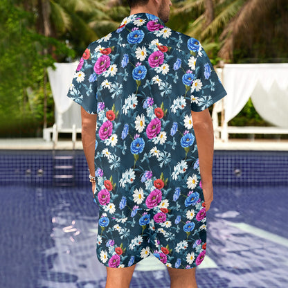 Floral Blue Themed Print Men's Beach Shirt and Shorts Set