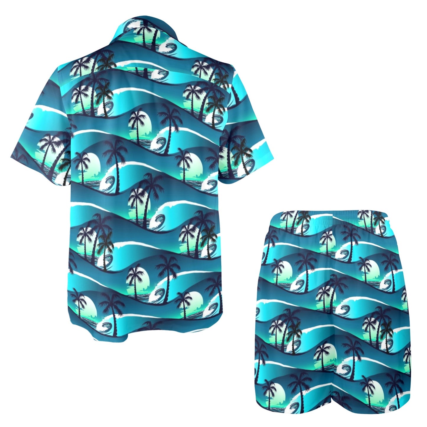Beach Wave Design Print Men's Beach Shirt and Shorts Set