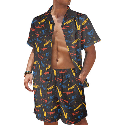 Saxophone Print Design LKS407 Men's Beach Shirt and Shorts Set
