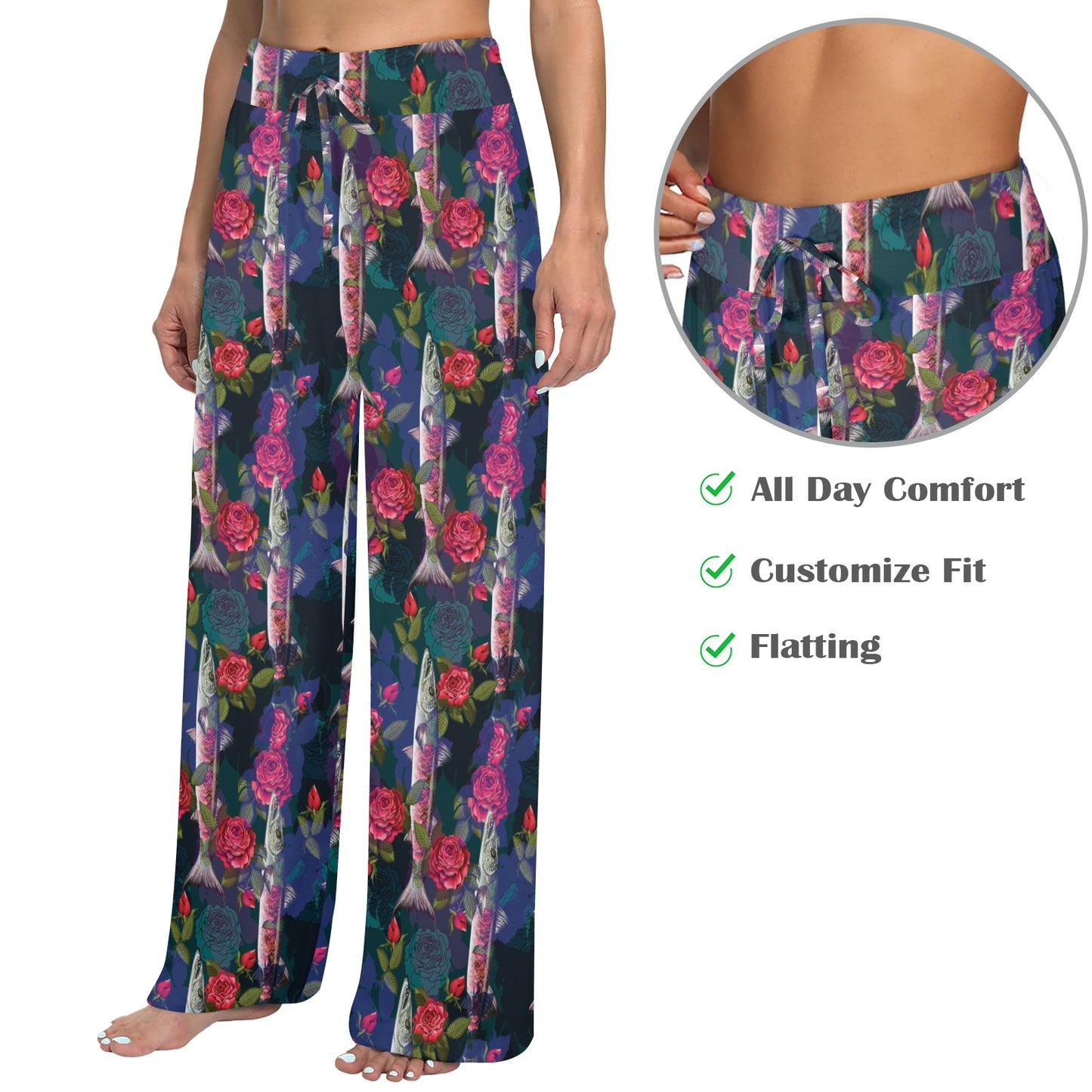 Barracuda with Folwer Pattern Print Design 01 Women's Wide Leg Lounge Pants